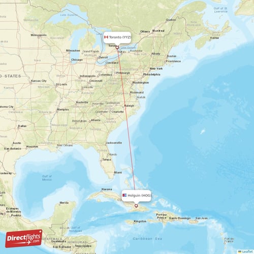 Holguin - Toronto direct flight map