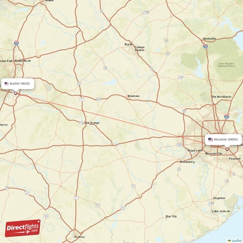 Houston - Austin direct flight map