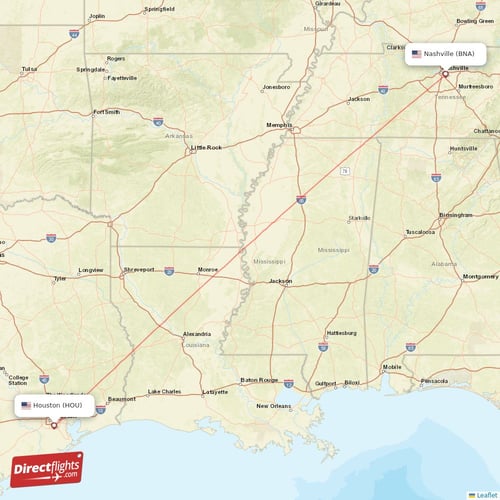 Houston - Nashville direct flight map