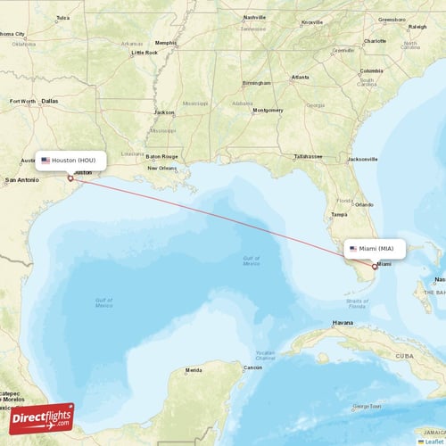 Houston - Miami direct flight map