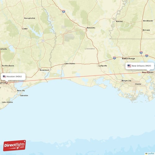 Houston - New Orleans direct flight map