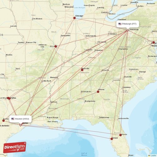 Houston - Pittsburgh direct flight map