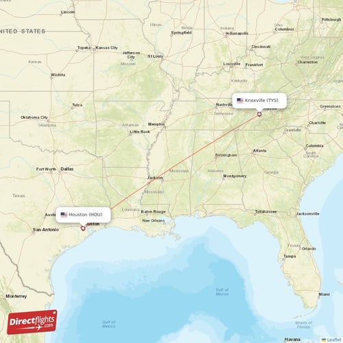 Houston - Knoxville direct flight map