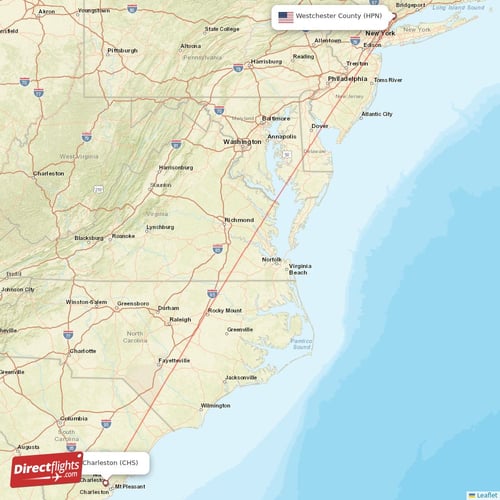Westchester County - Charleston direct flight map
