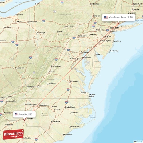 Westchester County - Charlotte direct flight map