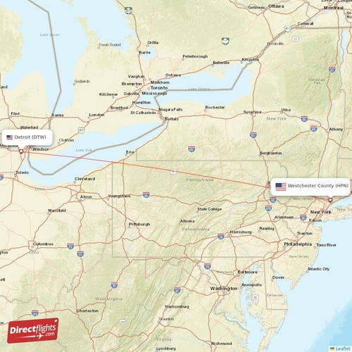 Westchester County - Detroit direct flight map