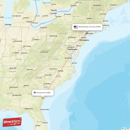 Westchester County - Savannah direct flight map