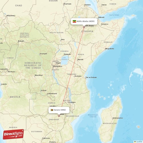 Harare - Addis Ababa direct flight map