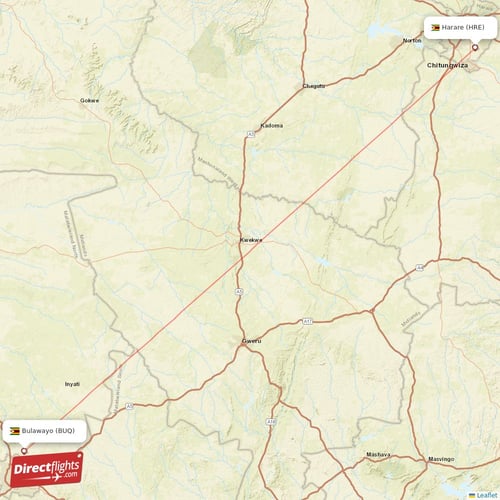 Harare - Bulawayo direct flight map