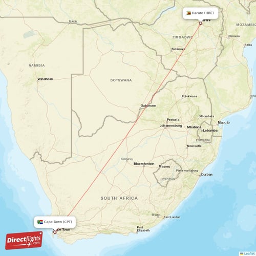 Harare - Cape Town direct flight map