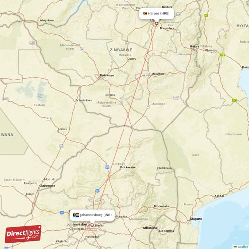Harare - Johannesburg direct flight map