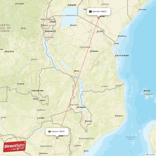 Harare - Nairobi direct flight map