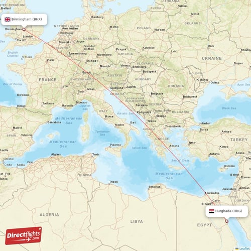 Hurghada - Birmingham direct flight map