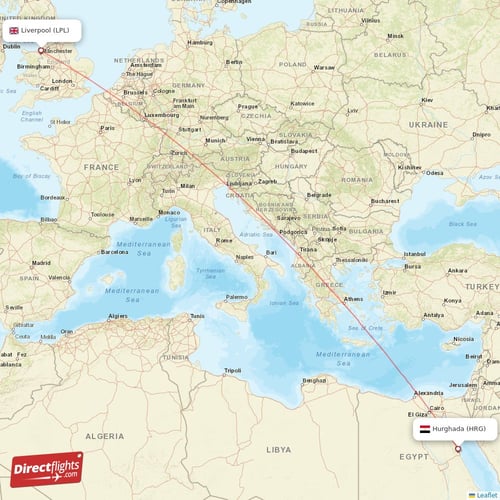 Hurghada - Liverpool direct flight map
