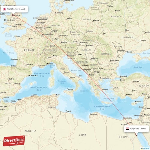 Hurghada - Manchester direct flight map