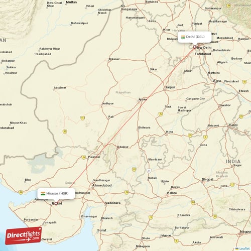 Hirasar - Delhi direct flight map