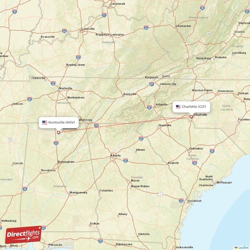 Huntsville - Charlotte direct flight map