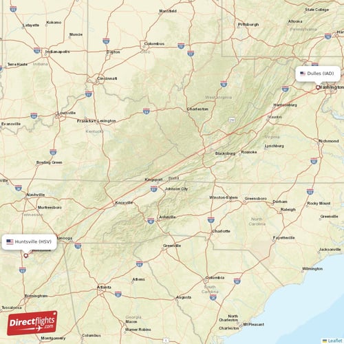 Huntsville - Dulles direct flight map