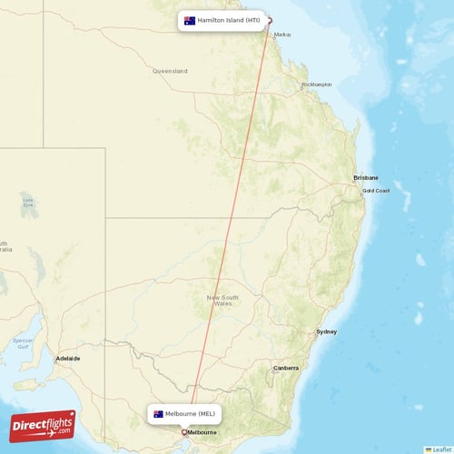 Hamilton Island - Melbourne direct flight map