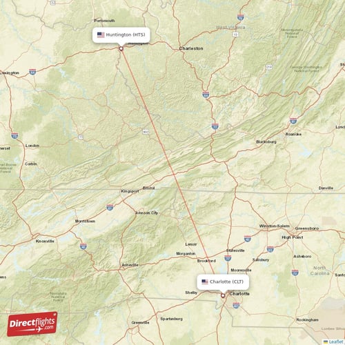 Huntington - Charlotte direct flight map