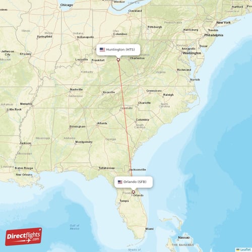 Huntington - Orlando direct flight map