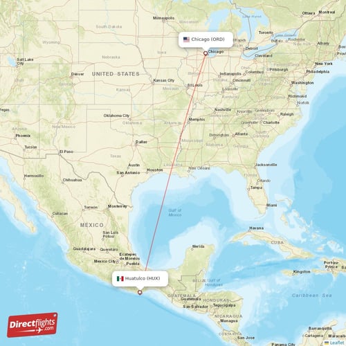 Huatulco - Chicago direct flight map