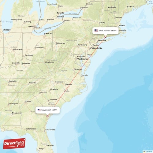 New Haven - Savannah direct flight map