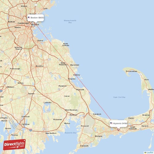 Hyannis - Boston direct flight map