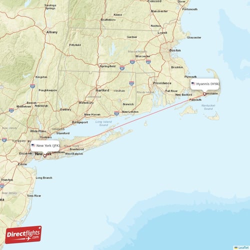 Hyannis - New York direct flight map