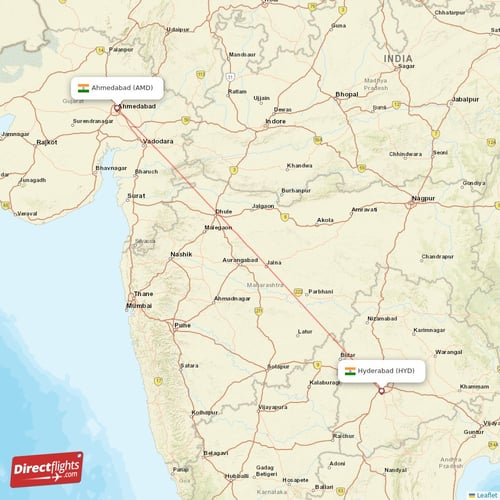 Hyderabad - Ahmedabad direct flight map