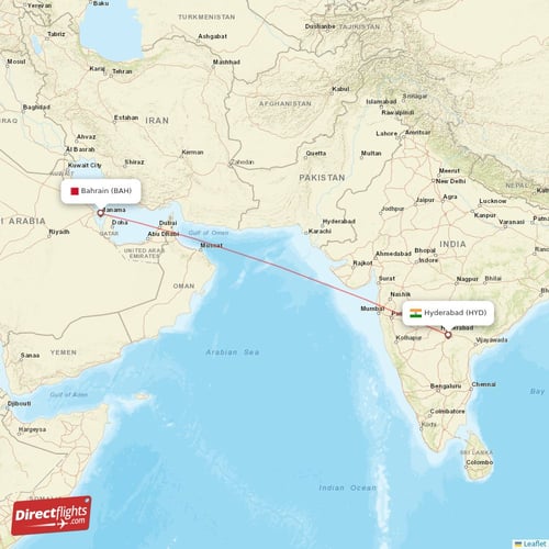 Hyderabad - Bahrain direct flight map