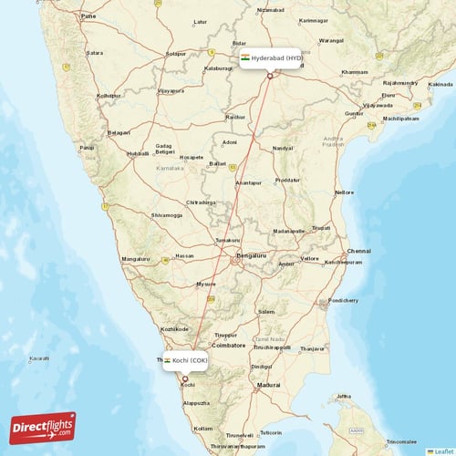 Hyderabad - Kochi direct flight map