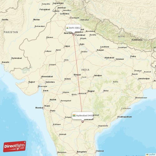 Hyderabad - Delhi direct flight map