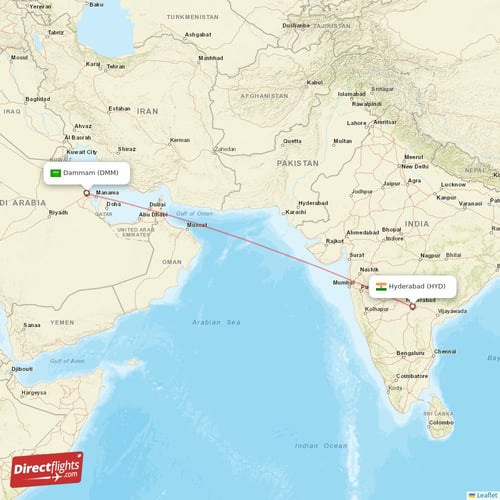 Hyderabad - Dammam direct flight map