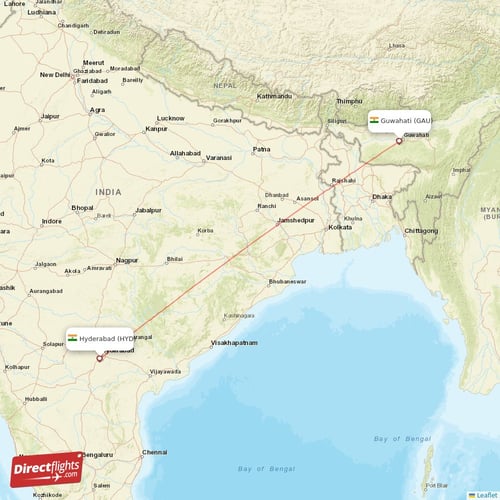 Hyderabad - Guwahati direct flight map