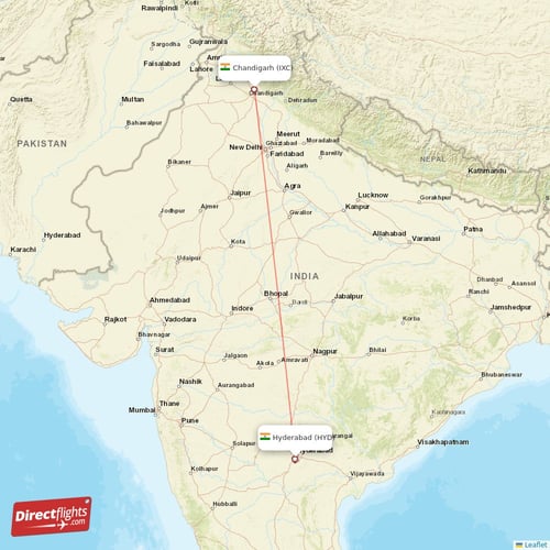 Hyderabad - Chandigarh direct flight map