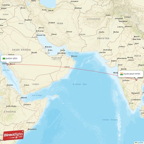 Hyderabad - Jeddah direct flight map