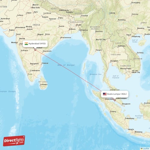 Hyderabad - Kuala Lumpur direct flight map