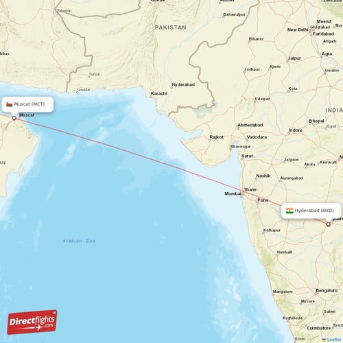 Hyderabad - Muscat direct flight map