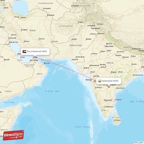 Hyderabad - Ras al-Khaimah direct flight map