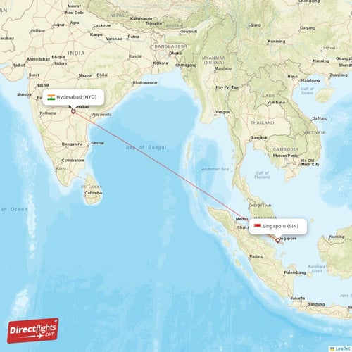 Hyderabad - Singapore direct flight map