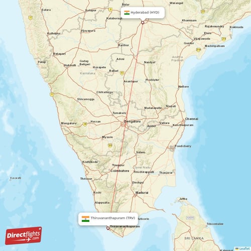 Hyderabad - Thiruvananthapuram direct flight map