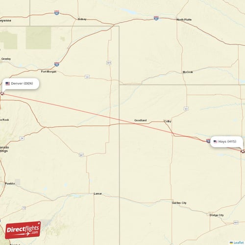 Hays - Denver direct flight map