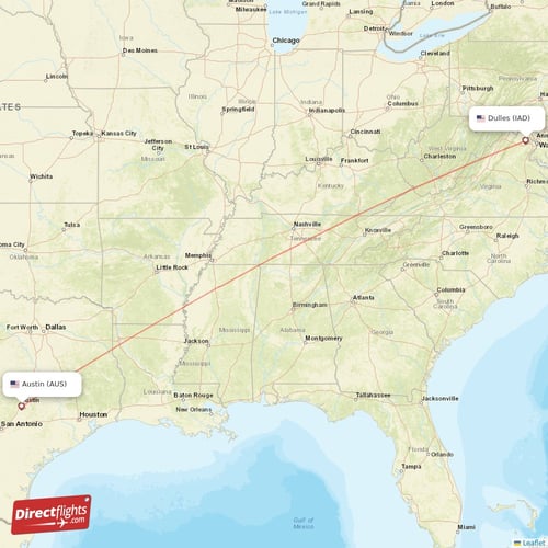 Dulles - Austin direct flight map