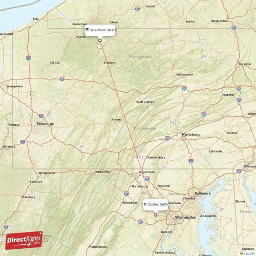 Dulles - Bradford direct flight map