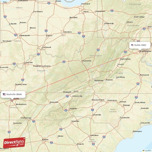 Dulles - Nashville direct flight map