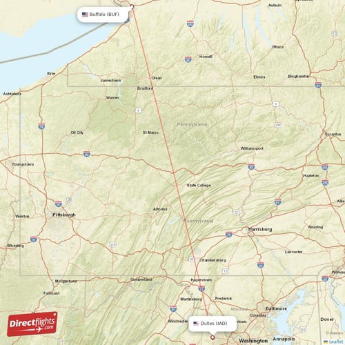 Dulles - Buffalo direct flight map