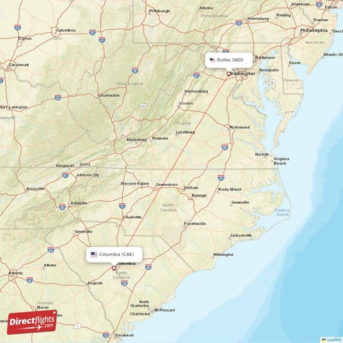 Dulles - Columbia direct flight map