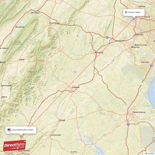 Dulles - Charlottesville direct flight map