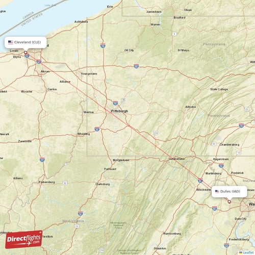 Dulles - Cleveland direct flight map